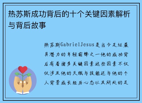 热苏斯成功背后的十个关键因素解析与背后故事