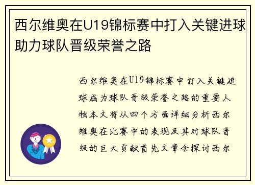 西尔维奥在U19锦标赛中打入关键进球助力球队晋级荣誉之路